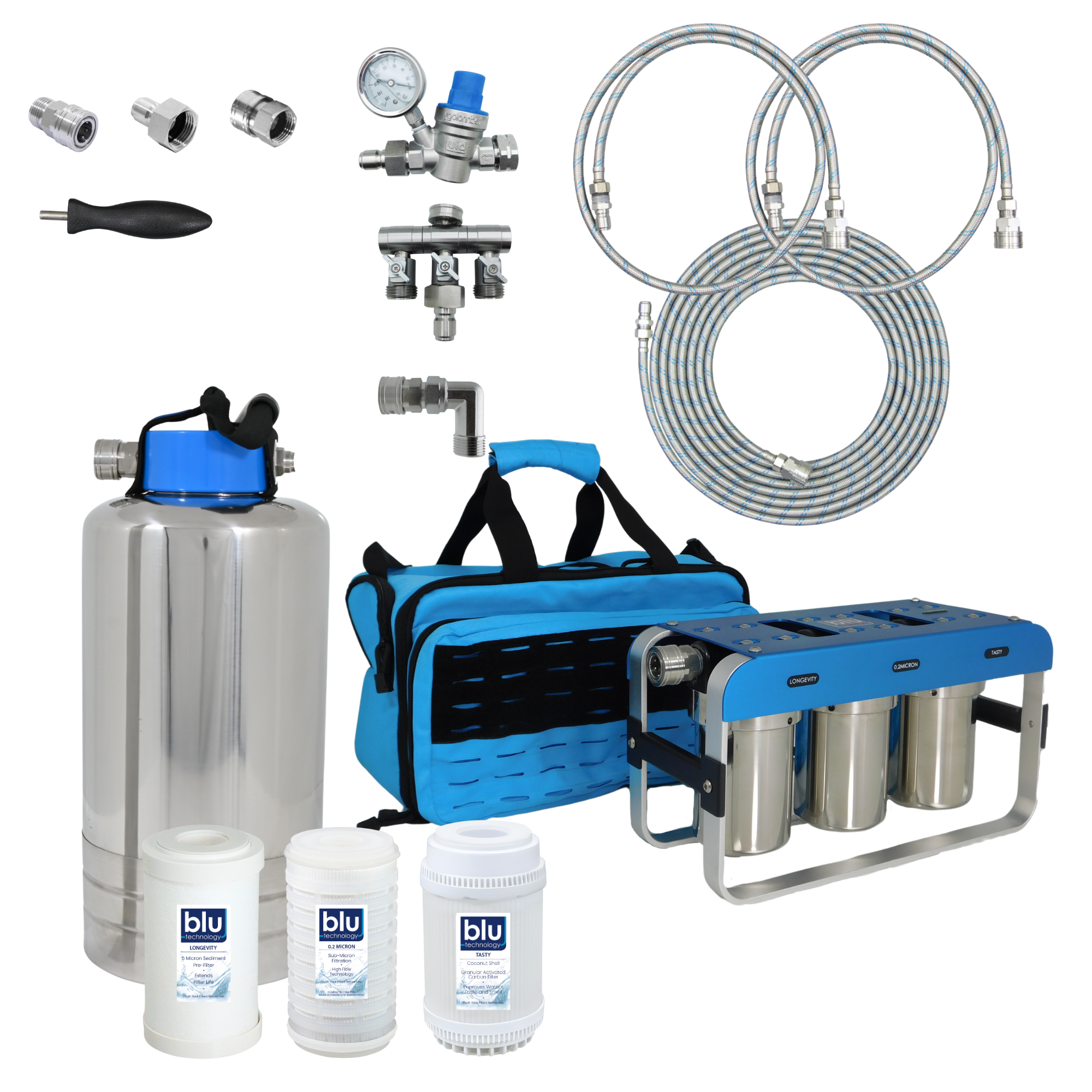 GoBluTech AR3 ELITE Bundle | Fully Equipped 3-Stage Filtration System, Water Softener, (3) Stainless Steel Quick Connect Hoses and Filters Installed