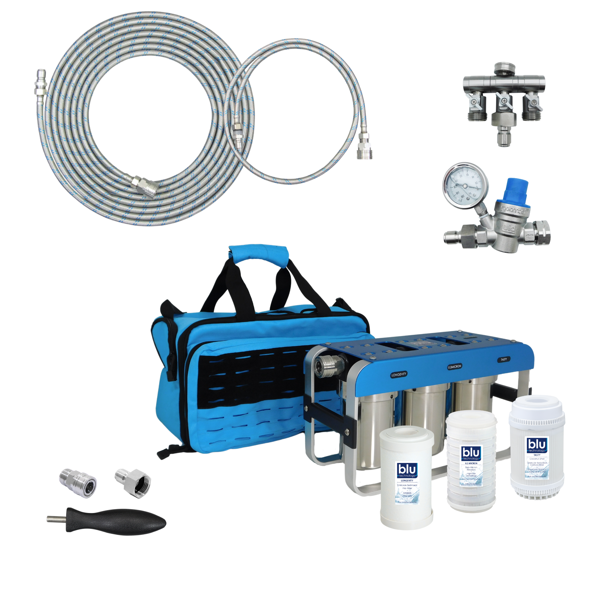 GoBluTech AR3 ESSENTIAL Bundle | Fully Equipped 3-Stage Filtration System, Stainless Steel Quick Connect Hoses, Pressure Regulator, 3 Way Splitter, and Filters Installed