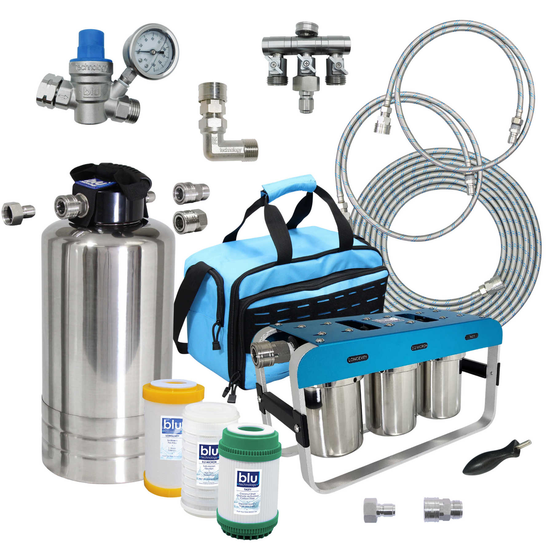 Blu Tech TRIO | FIXED MOUNTED 3-Stage 0.2 Micron Water Filtration System,  with Stainless Steel Garden Hose Fittings